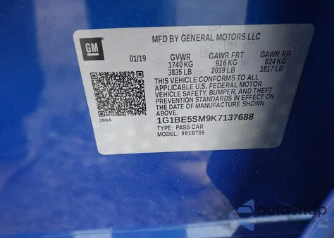 2019 Chevrolet Cruze Lt z USA, uszkodzony, nr VIN 1G1BE5SM9K7137688